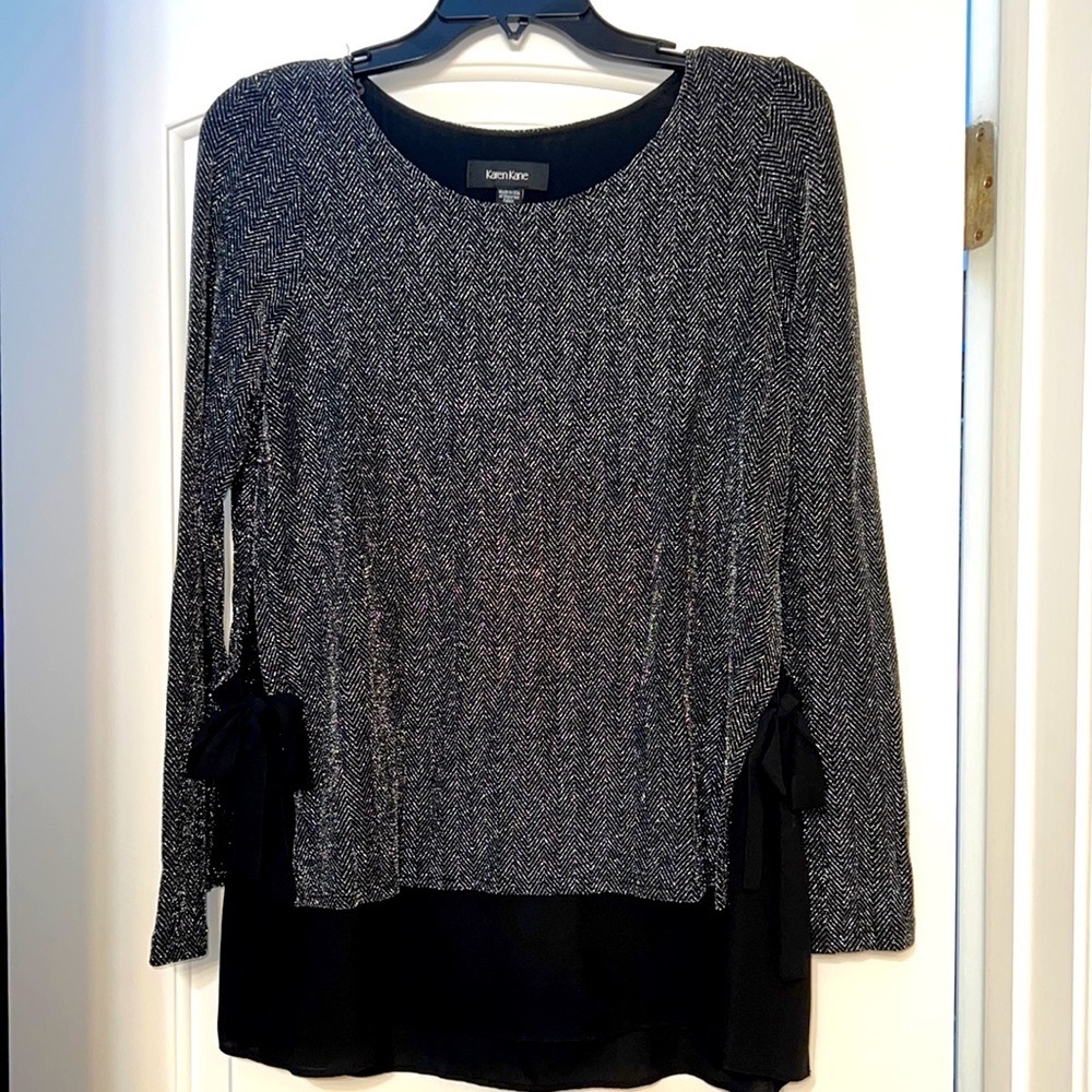 Karen Kane Black Silver Sequined Top with Ties/Bows on sides